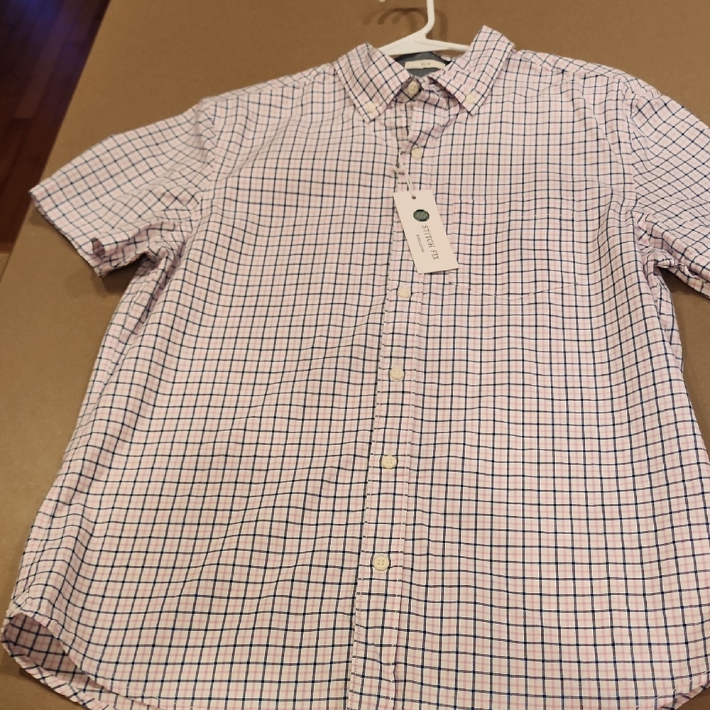 Men's Short Sleeve Plaid Shirt - Blue and White